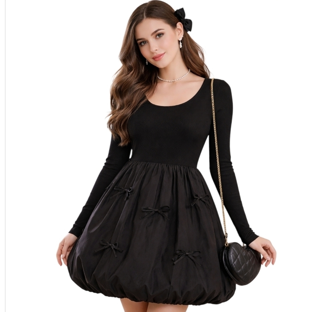 Rough los angeles  black ribbed knit long sleeve bubble dress w bows medium